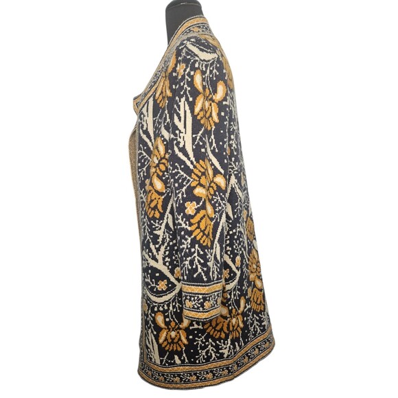 MAXSPORT Sweater Coat Med Navy Gold Floral Nordic Scandinavian Open Front Thick - Picture 3 of 7